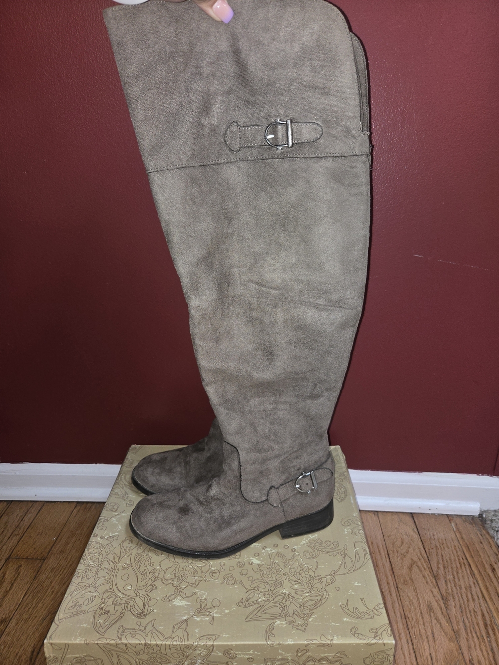 American Rag Taupe Suede Over-the-Knee Buckle Boots